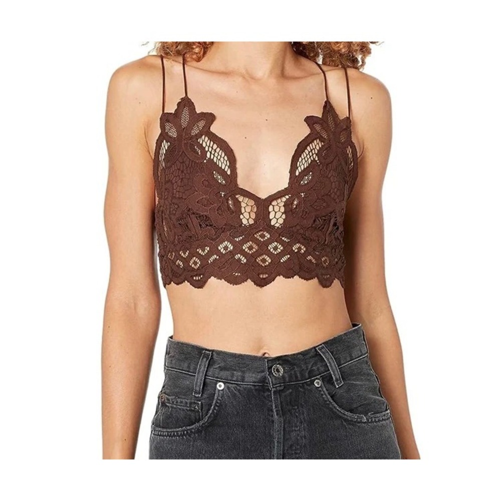 Free People FP One Adella Bralette‎ Lace Boho Smocked Crop Top Brown XL